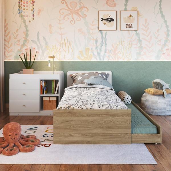 Imagem de Berço Multifuncional com  Cama Auxiliar 3 Gavetas Aveiro Oak/Branco