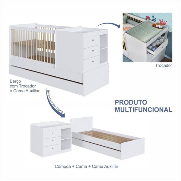 Imagem de Berço Multifuncional com  Cama Auxiliar 3 Gavetas Branco