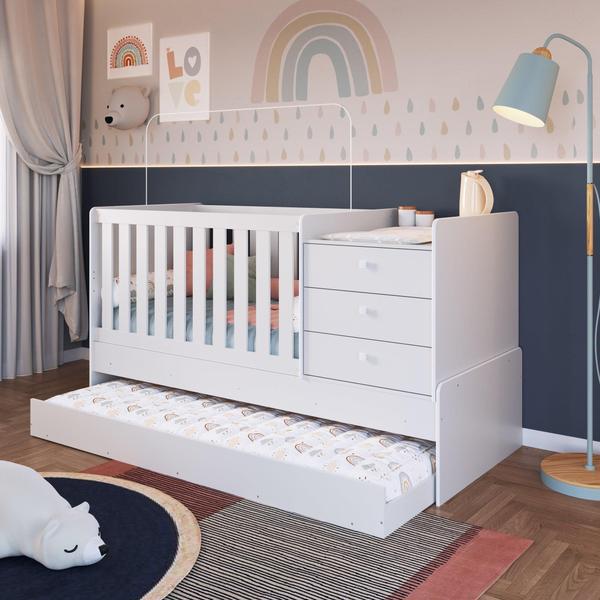 Berço Multifuncional com Cômoda e Vira Bicama- Branco - Quarto de