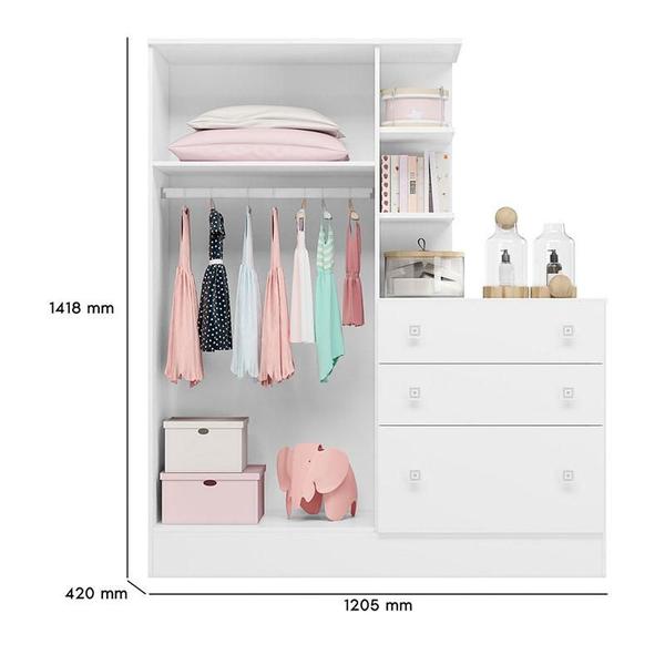 Imagem de Berço Nacional 3540 e Guarda Roupa com Cômoda 4070 Ambiente Doce Sonho Branco Brilho  Qmovi