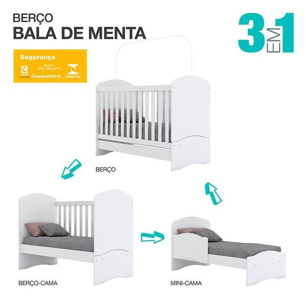 Imagem de Berço Nacional Bala de Menta e Cômoda Infantil Pique-Esconde Branco com Colchão Gazin  Henn