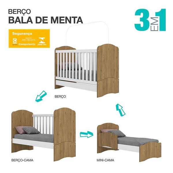 Imagem de Berço Nacional Bala de Menta e Cômoda Infantil Pique-Esconde Rústico Branco com Colchão Ortobom  Henn