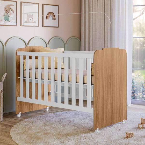 Imagem de Berço Simples MDF Quarto Infantil Bebê 4 Rodinhas/Rodízios C/ Colchão Amore