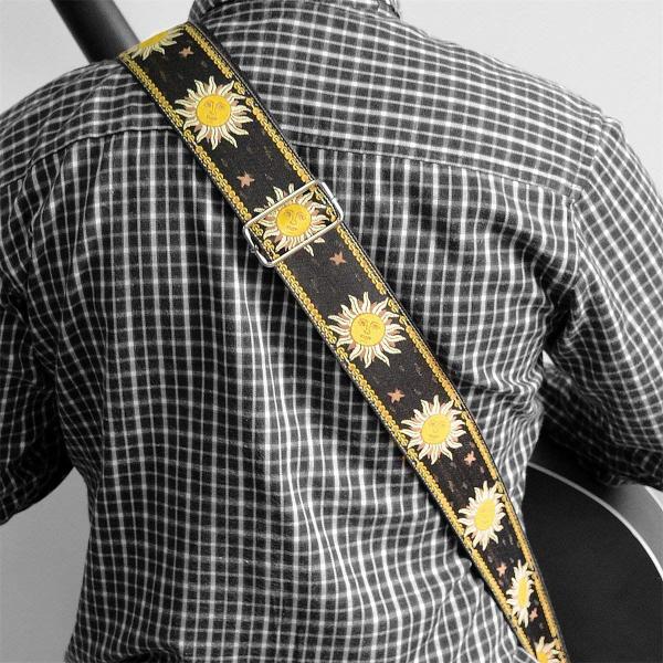 Imagem de BestSounds Guitar Strap Sun Jacquard Woven Strap Genuíno Leather Ends Guitar Shoulder Strap for Bass, Acoustic, Classic & Electric Guitar (Black)