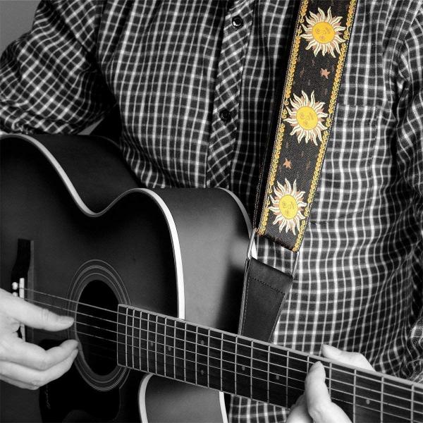 Imagem de BestSounds Guitar Strap Sun Jacquard Woven Strap Genuíno Leather Ends Guitar Shoulder Strap for Bass, Acoustic, Classic & Electric Guitar (Black)