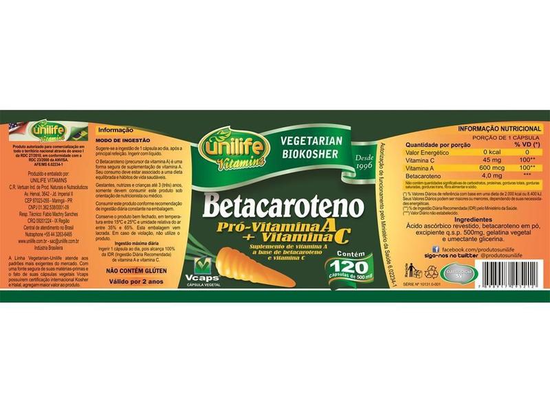 Imagem de Betacaroteno Pró-Vitamina A 120 cápsulas Unilife