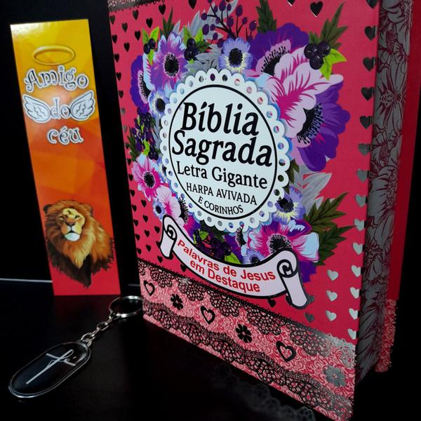 Imagem de Bíblia sagrada ele vive letra grande laminada rosa sc kit