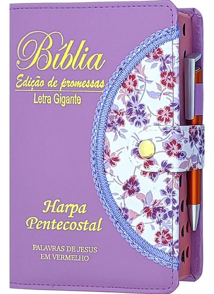 Imagem de Bíblia Sagrada Letra Grande Com Harpa Corinhos Feminina Botão Caneta