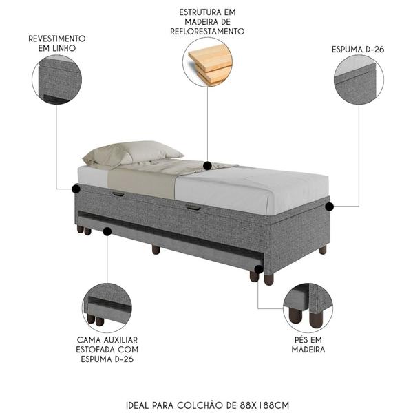 Imagem de Bicama Box Baú Solteiro 88x188 cm Samy S05 Linho Cinza - Mpozenato