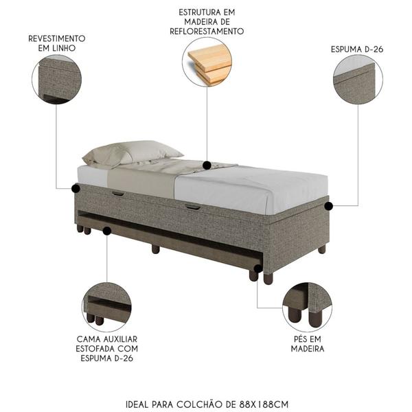 Imagem de Bicama Box Baú Solteiro 88x188 cm Samy S05 Linho Marrom - Mpozenato