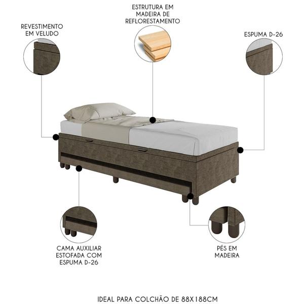 Imagem de Bicama Box Baú Solteiro 88x188 cm Samy S05 Veludo Marrom - Mpozenato