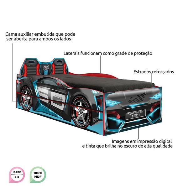 Imagem de Bicama Infantil Carros Tornado Fun Brilha Escuro e Farol Luz