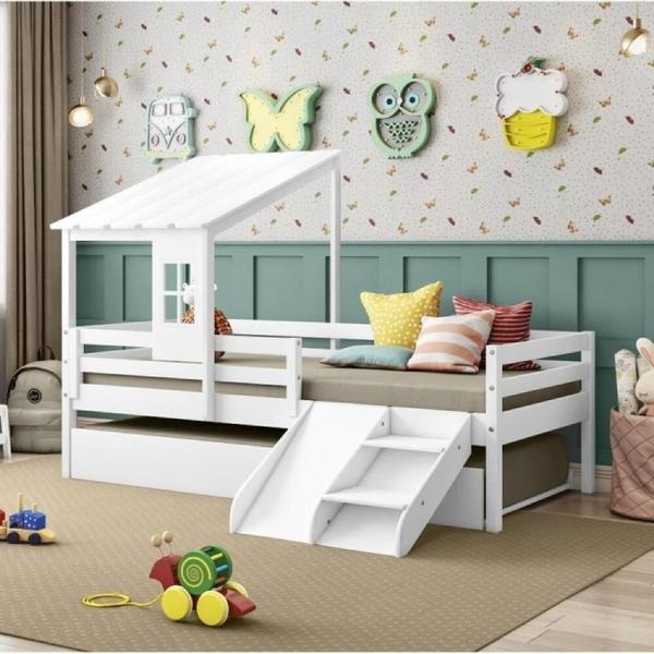 Imagem de Bicama Infantil Prime com Telhado II e Kit Escadinha Branco - Casatema