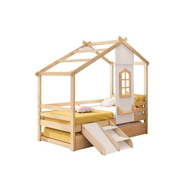 Imagem de Bicama Infantil Prime House com Mini Escorregador e Telhado V Casatema Branco/Natural