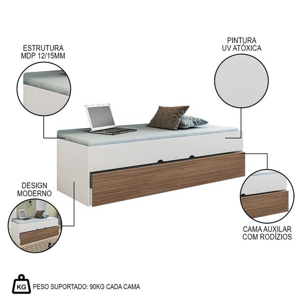 Imagem de Bicama Solteiro Cama Auxiliar 100% MDP Chiara Carvalho/Branco - Phoenix