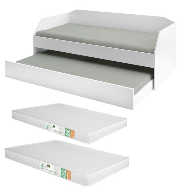 Imagem de Bicama Solteiro Duo Com Cama Auxiliar Em Mdf Premium Branco Com 2 Colchões 