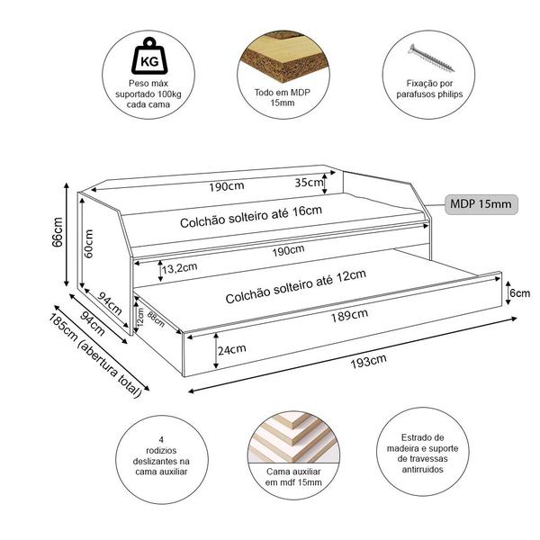 Imagem de Bicama Solteiro Duo com Cama Auxiliar em Mdf Premium Branco 