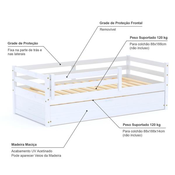 Imagem de Bicama Solteiro Eco com Grade de Proteção Madeira Maciça Branco Mobilistore