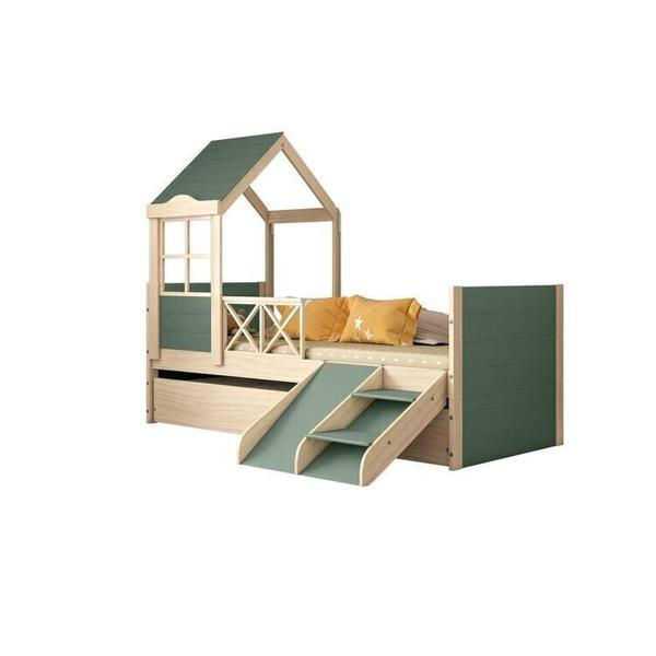 Imagem de Bicama Solteiro Infantil Garden com Telhado Plus e Kit Escadinha Casatema Verde/Natural