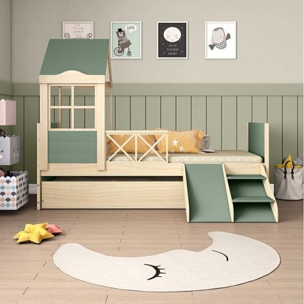 Imagem de Bicama Solteiro Infantil Garden com Telhado Plus e Kit Escadinha Casatema