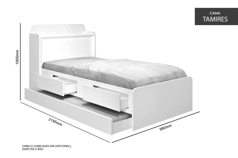 Imagem de Bicama Solteiro Tamires Gavetas Auxiliar Com 2 Colchões
