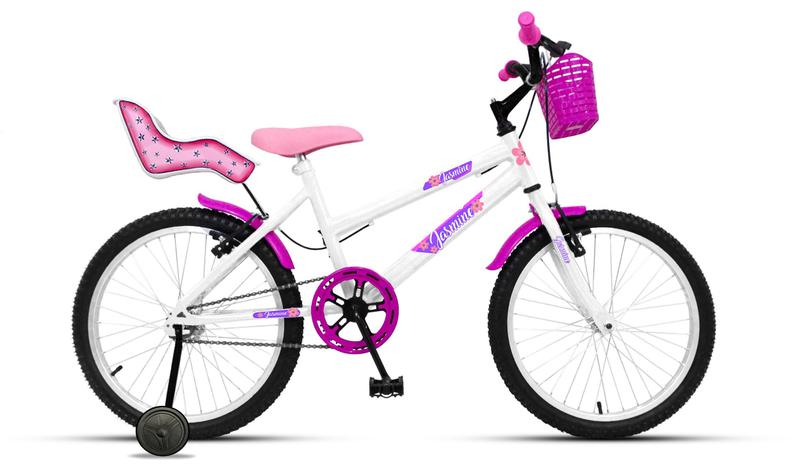 Imagem de Bicicleta Aro 20 Feminina Infantil De 6 A 13 Anos com Roda de Apoio e Cadeirinha Boneca - Branco/Rosa