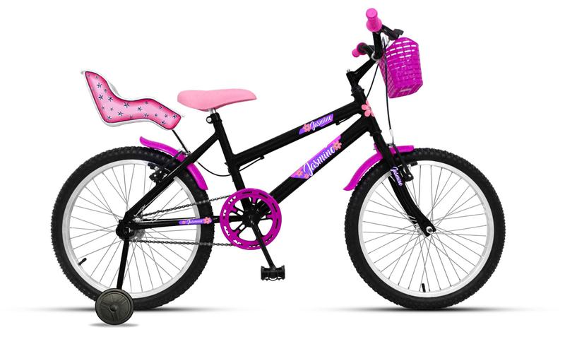 Imagem de Bicicleta Aro 20 Feminina Infantil De 6 A 13 Anos com Roda de Apoio e Cadeirinha Boneca - Preto/Rosa