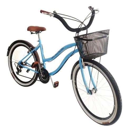 Imagem de Bicicleta Aro 26 Beach Retrô 18V cesta metálica Azul BB