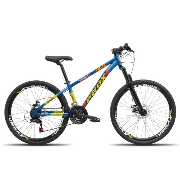 Imagem de Bicicleta aro 26 Freeride PRO X Mandrake Hiten 21 Velocidades Freio a Disco Aros Vmaxx Azul Adesivo Amarelo e Vermelho