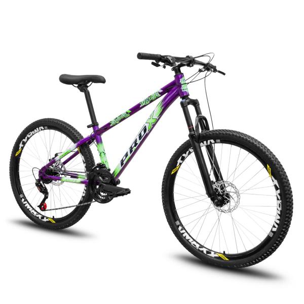 Imagem de Bicicleta aro 26 Freeride PRO X Mandrake Hiten 21 Velocidades Freio a Disco Aros Vmaxx Laranja Adesivo Azul e Amarelo