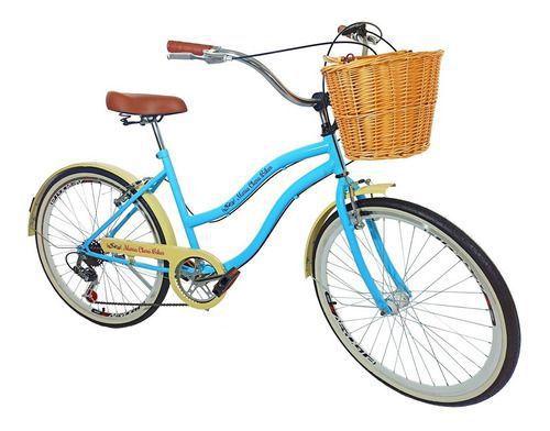 Imagem de Bicicleta Aro 26 Retrô Vintage Feminina Cesta Vime 6V Azul