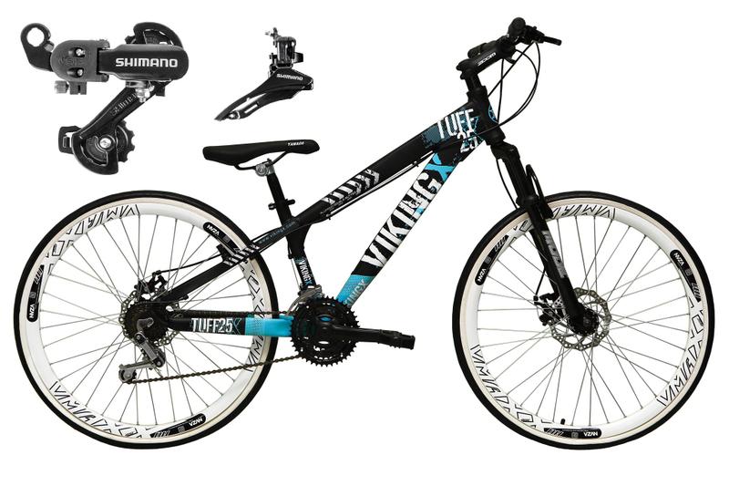 Imagem de Bicicleta Aro 26 Vikingx Tuff 21v Alumínio Câmbio Shimano Freio a Disco Aros Vmaxx Brancos - Preto/Azul