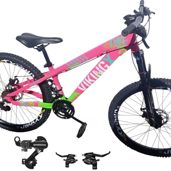 Imagem de Bicicleta Aro 26 Vikingx Tuff 25 Com Trocadores Cambio Shimano Traseiro Dianteiro 24v Mtb Freeride Aluminio Unissex