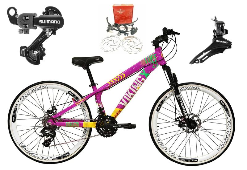 Imagem de Bicicleta Aro 26 Vikingx Tuff Roxo/Amarelo X25 21v Alumínio Câmbios Shimano Freio a Disco Hidráulicos Aros Vmaxx Brancos