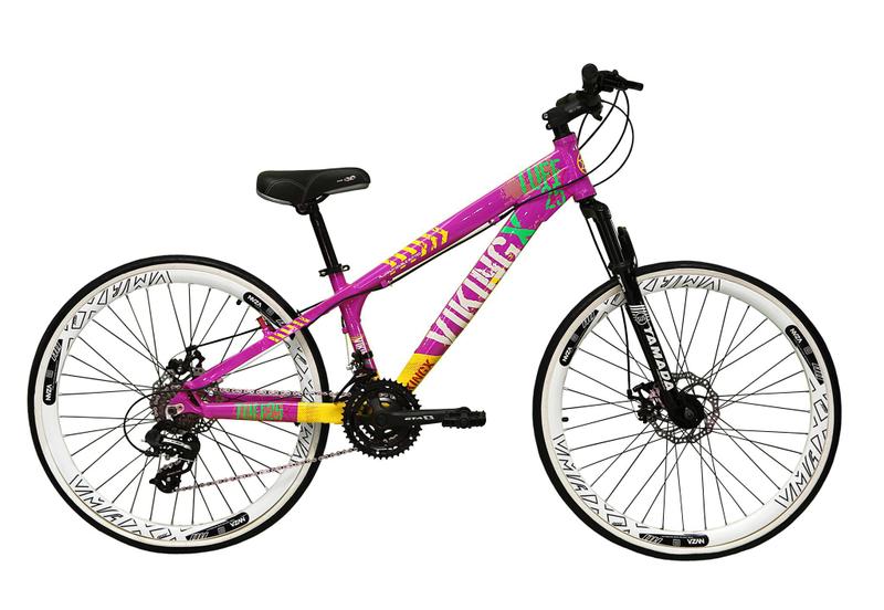 Imagem de Bicicleta Aro 26 Vikingx Tuff X25 Roxo/Amarelo 21v Freio a Disco Aros Vmaxx Brancos