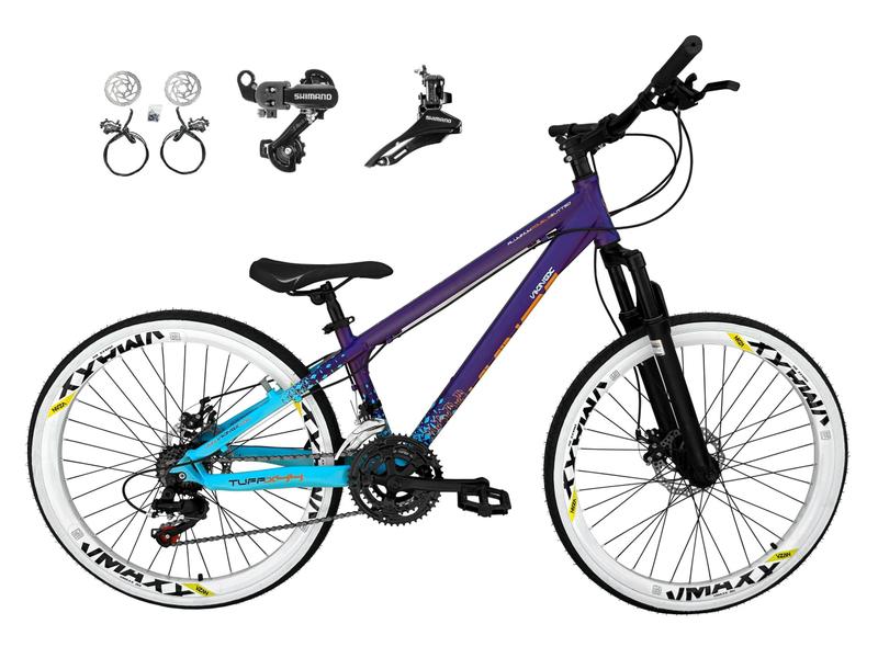 Imagem de Bicicleta Aro 26 Vikingx Tuff X44 Roxo/Azul 21v Câmbios Shimano Tz Freios Hidráulicos Aros Vmaxx Brancos