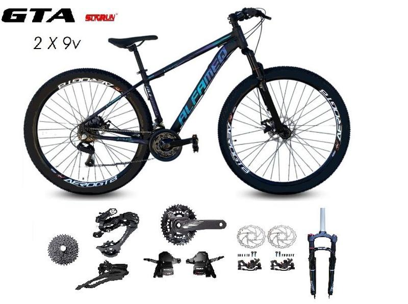 Imagem de Bicicleta Aro 29 Alfameq AFX Kit 2x9 Gta Sunrun Freio Disco K7 11/36 Pedivela 24/38d Garfo com Trava - Preto/Verde/Lilas