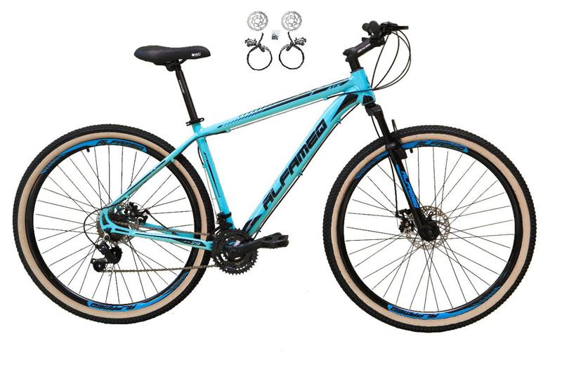 Imagem de Bicicleta Aro 29 Alfameq Atx 24v Freios a Disco Hidráulicos Garfo Suspensão Pneu com Faixa Bege - Azul