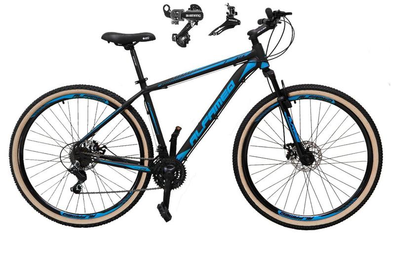 Imagem de Bicicleta Aro 29 Alfameq Atx Alumínio 24v Câmbios Shimano Garfo Suspensão Pneu com Faixa Bege - Preto/Azul