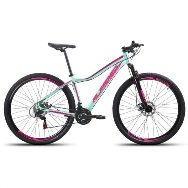 Imagem de Bicicleta Aro 29 Alfameq Pandora Feminina Alumínio 21v Freio A Disco Verde com Rosa Tamanho 17