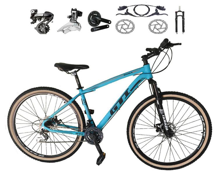 Imagem de Bicicleta aro 29 Gti Roma Altus 24V Freio a Disco Hidráulico Garfo com Trava Pneu com Faixa Bege - Azul