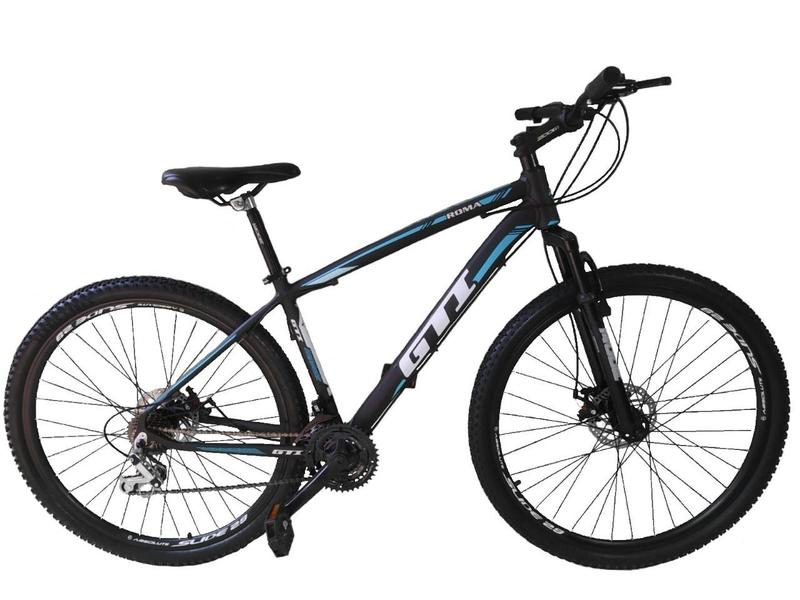 Imagem de Bicicleta Aro 29 GTI Roma Alumínio 21v Freio a Disco Garfo Suspensão Mountain Bike - Preto/Azul - Tam. 21