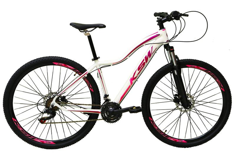 Imagem de Bicicleta aro 29 Ksw Mwza Feminina 24v Alumínio Freio a Disco Garfo Suspensão Branca com Roxo e Rosa Tam.17