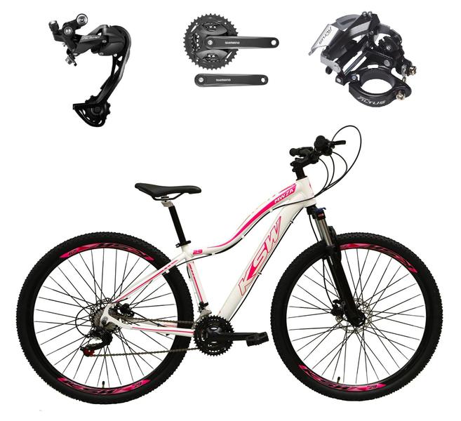 Imagem de Bicicleta Aro 29 Ksw Mwza Feminina Alumínio Câmbio Traseiro Shimano Alívio e Altus 27v Freio Hidráulico Garfo Com Trava - Branco/Rosa - Tam. 15