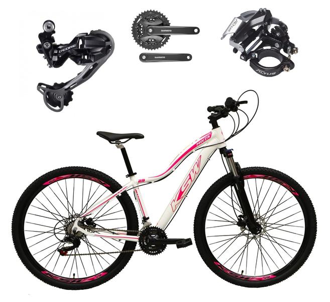 Imagem de Bicicleta Aro 29 Ksw Mwza Feminina Alumínio Câmbio Traseiro Shimano Deore e Altus 27v Freio Hidráulico Garfo Com Trava - Branco/Rosa - Tam. 15