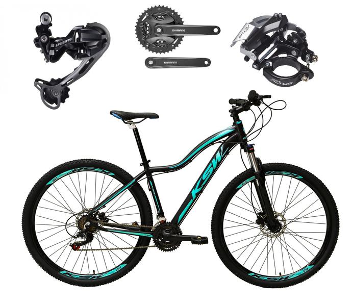 Imagem de Bicicleta Aro 29 Ksw Mwza Feminina Alumínio Câmbio Traseiro Shimano Deore e Altus 27v Freio Hidráulico Garfo Com Trava - Preto/Azul - Tam. 17