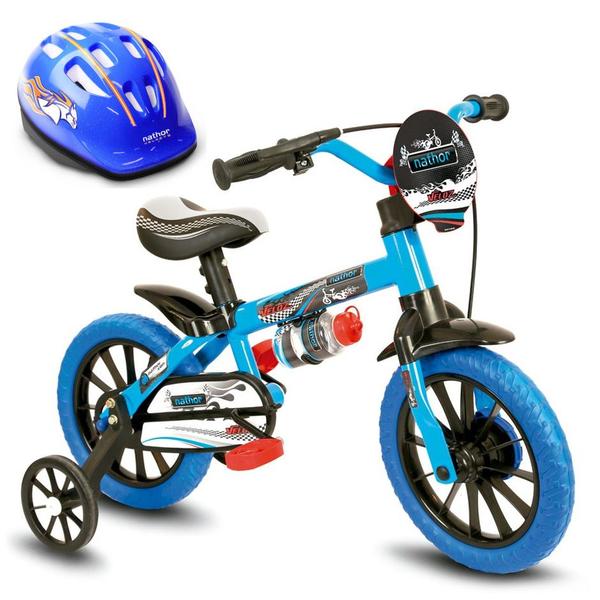 Imagem de Bicicleta com Rodinha Aro 12 Infantil Veloz Menino Capacete Azul