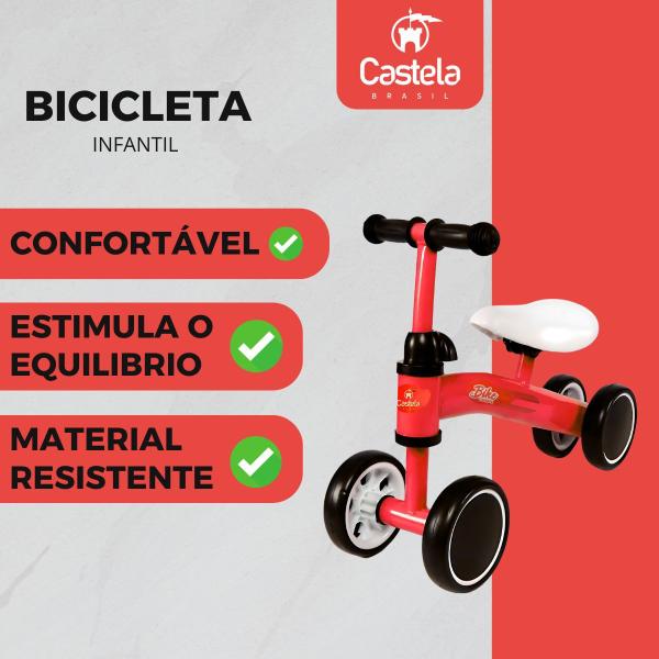 Imagem de Bicicleta De Equilíbrio Infantil Vermelha Sem Pedal 4 Rodas Castela