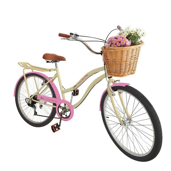 Imagem de Bicicleta Feminina aro 26 cesta vime bagageiro 6v Bege rsa.