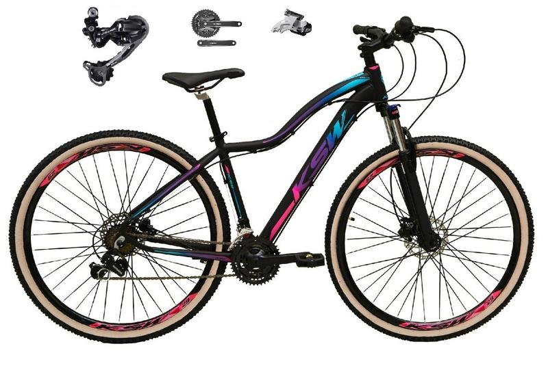 Imagem de Bicicleta Feminina Aro 29 Ksw Mwza Alumínio Câmbio Traseiro Shimano Deore e Altus 27v Freio Hidráulico Garfo Com Trava - Preto/Pink/Azul